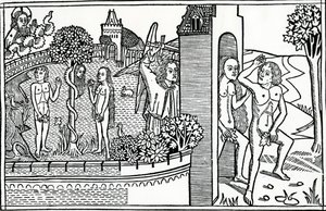 1478年に出版された人の堕落、クエンテル聖書の挿絵 作： German School